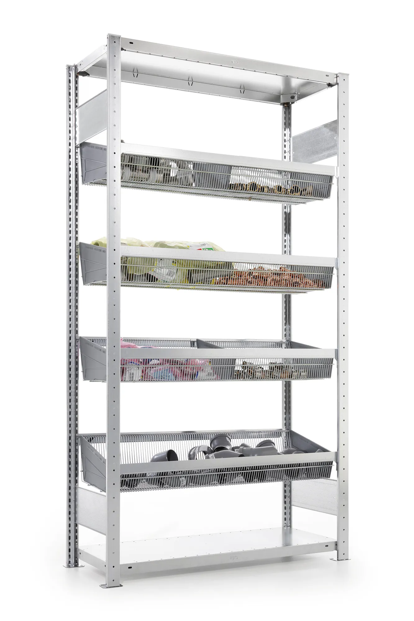 Mesh basket rack St heavy 1000 x 400 galv cpl. 4 mesh baskets and PVC dividers