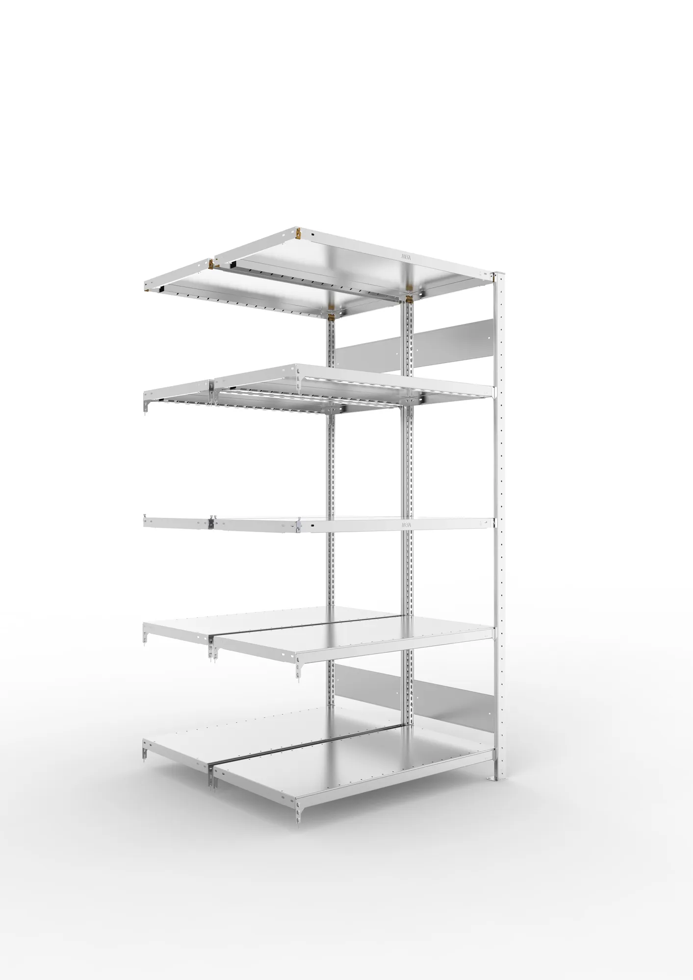 META CLIP S3 | Fachbodenregal | Doppel-Anbauregal | 2000 x 1000 x 500 mm | Fachlast 230 kg | 4+1 Ebenen | Längsriegel | verzinkt
