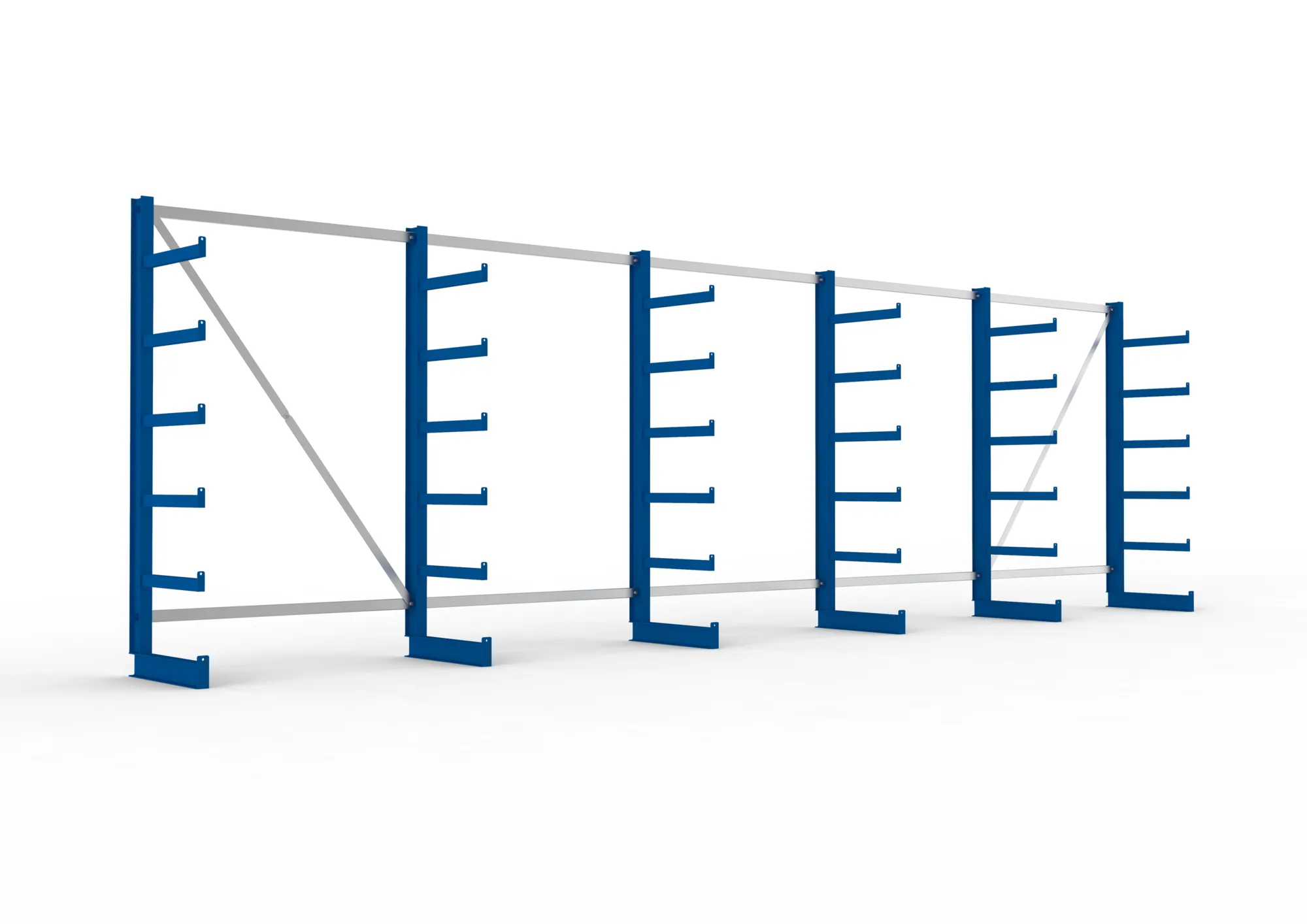 META ATLAS ST | Kragarmregal | 5 Felder | 2000 x 6750 x 500 mm | Armlast 200 kg | einseitig | 5+1 Ebenen | RAL 5010